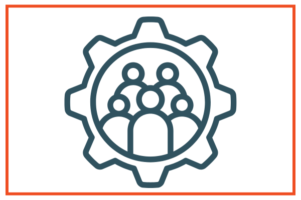 Icon of a gear with people inside of it.